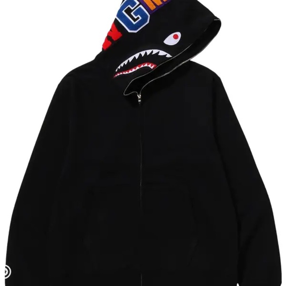 Bape Black Shark Zip Hoodie with Multicolor Hood Letters